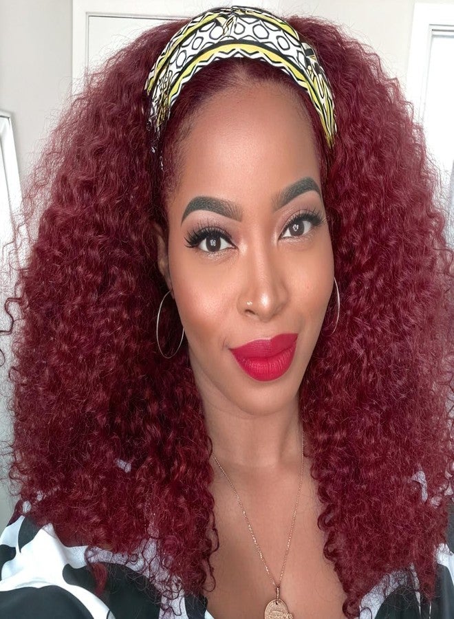 XSY Headband Wig Human Hair Kinky Curly 99J Burgundy Headband Wigs for Black Women Deep Curly Human Hair Wigs None Lace Front Wig 150% Density 18 Inch - Image 1